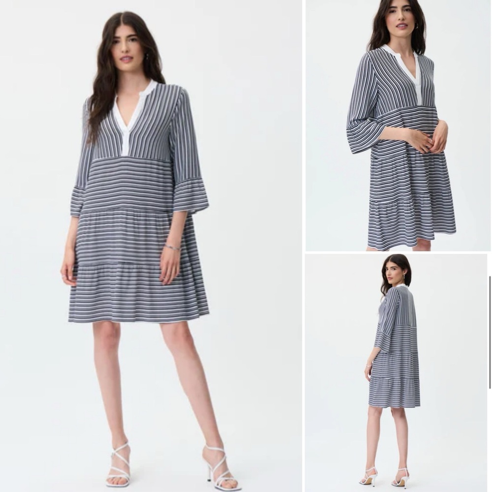 Joseph Ribkoff Navy and White Striped V-Neck Dress